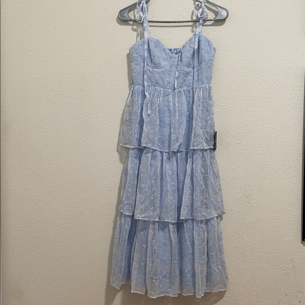 Lulus Vineyard Visit Blue Embroidered Tie-strap Tiered Midi Dress - Size S - Picture 2 of 4